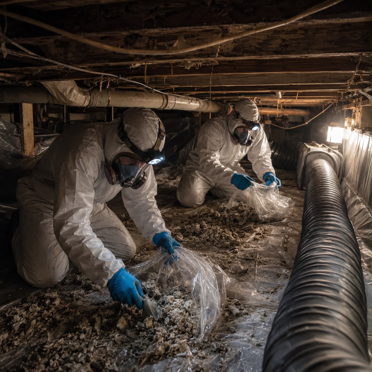 Certified asbestos abatement team removing asbestos pipe insulation from basement