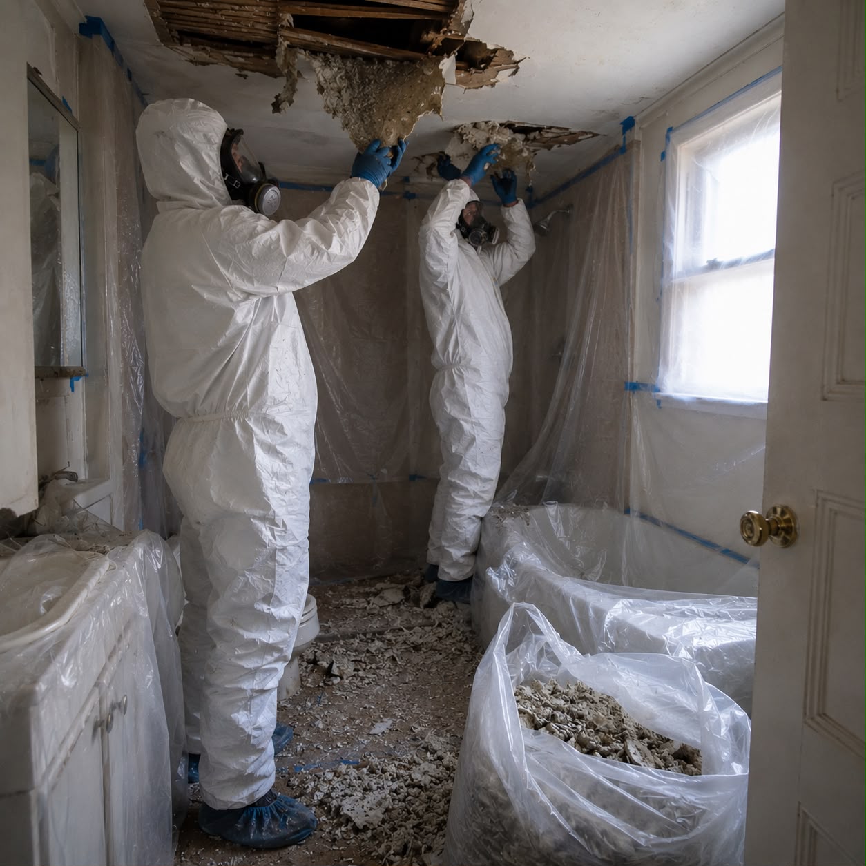 Licensed technicians vacuuming asbestos debris inside full containment zone