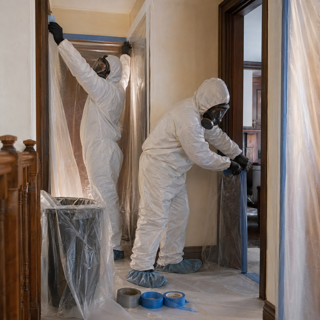 EPA certified specialists removing asbestos wall materials in residential property